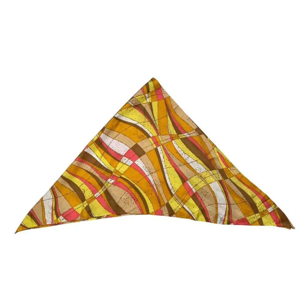 Vintage Handmade Mod Triangle Scarf Retro Orange Tan Yellow Headcover Polyester - Picture 2 of 7